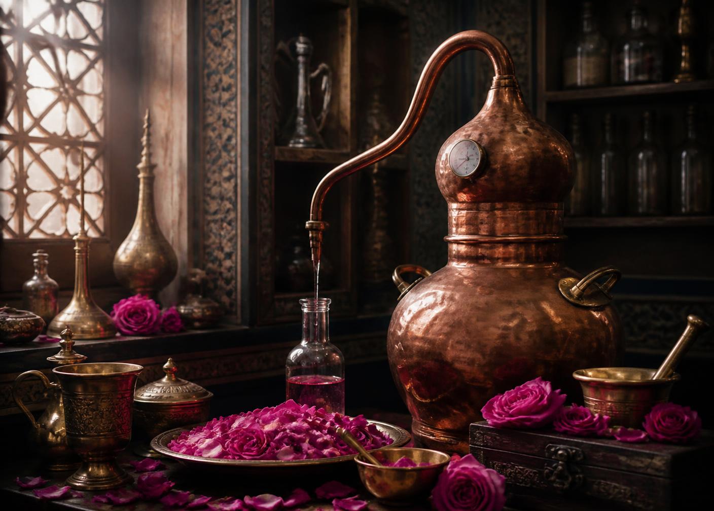 Alambic de cuivre distillant des pétales de rose de Damas
