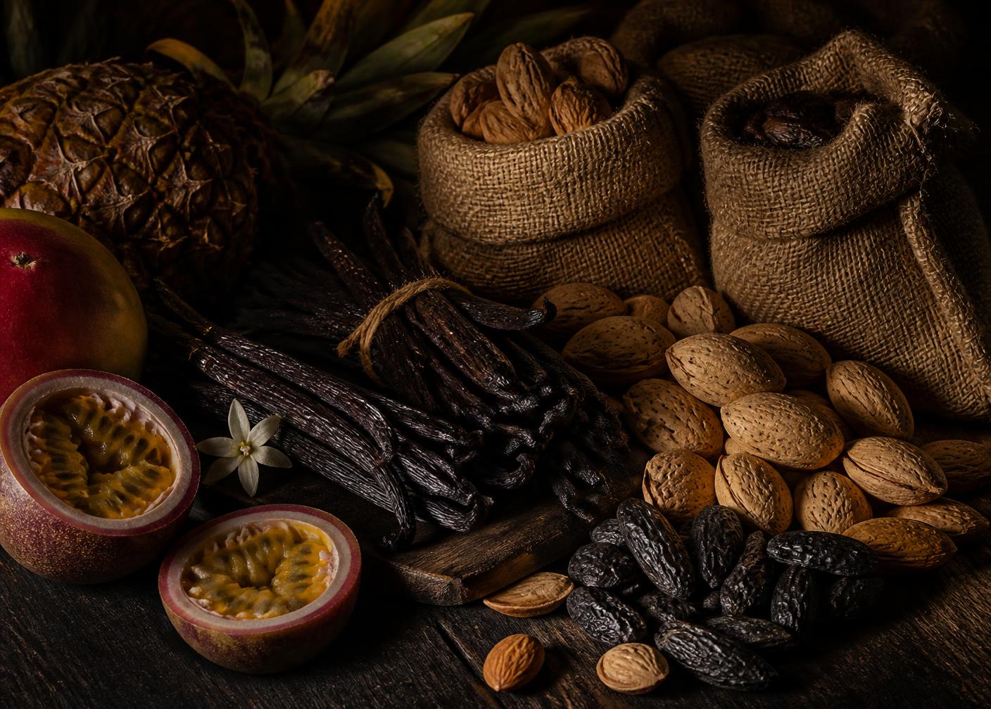 Gousses de vanille, fèves tonka et fruits de la route des épices