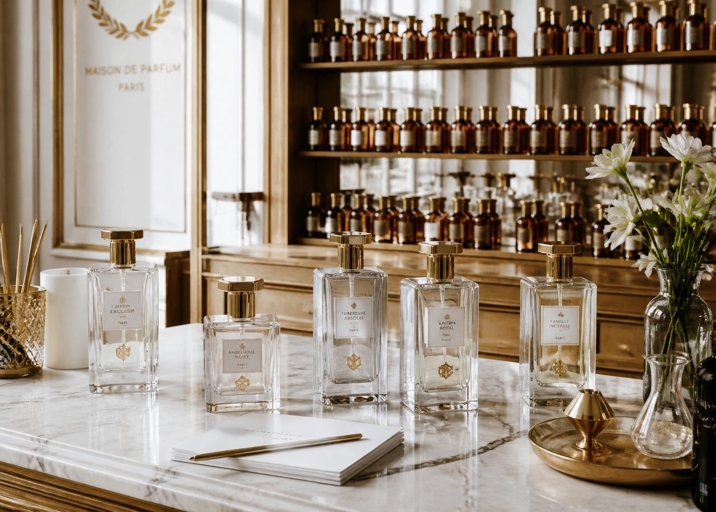 Atelier de haute parfumerie parisienne et flacons dorés